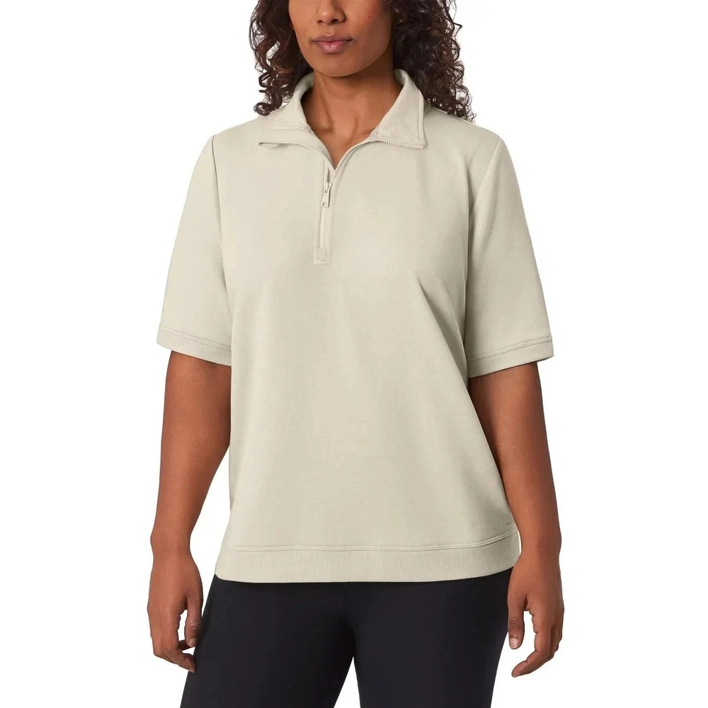 Mondetta Women's Short Sleeve Terry 1/4 Zip, Pumice Stone (Tan), Size: XL, New